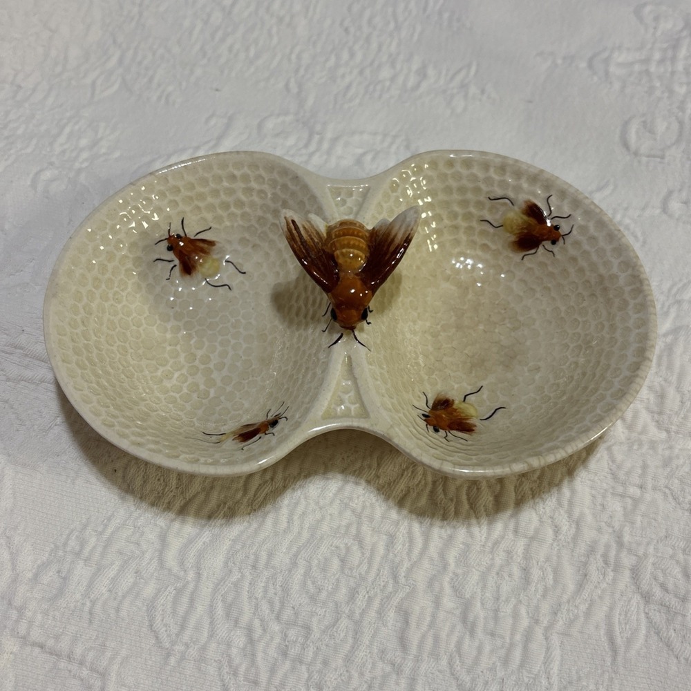 Vintage Porcelain Bee Hive Trinket Dish Made In Occupied Japan. Double Sided 7"L